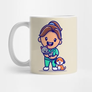 Cute Girl With Cat And Dog Cartoon Mug